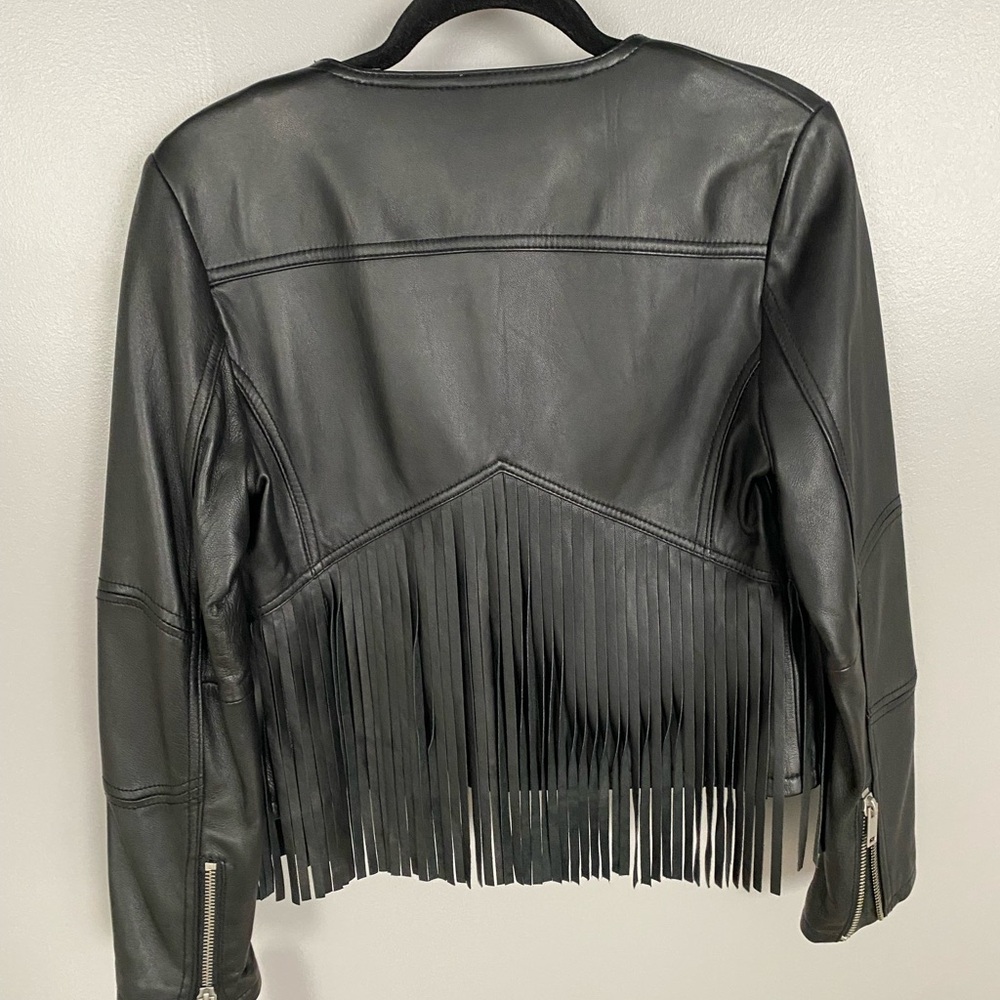 Black Genuine Leather Jacket with Fringe Accents - Picture 4 of 6